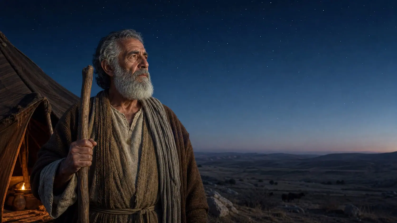Representational portrait of the elderly Abraham beside a nomadic tent under the stars in Canaan