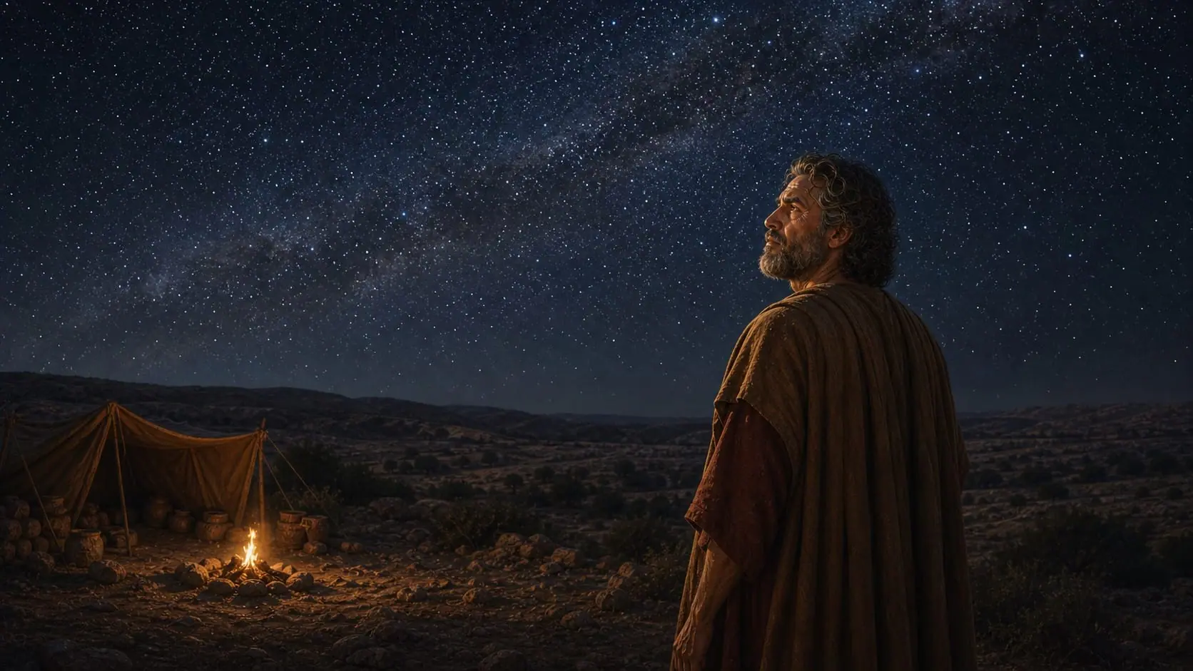 Abraham looking toward a sky filled with countless stars outside his tent