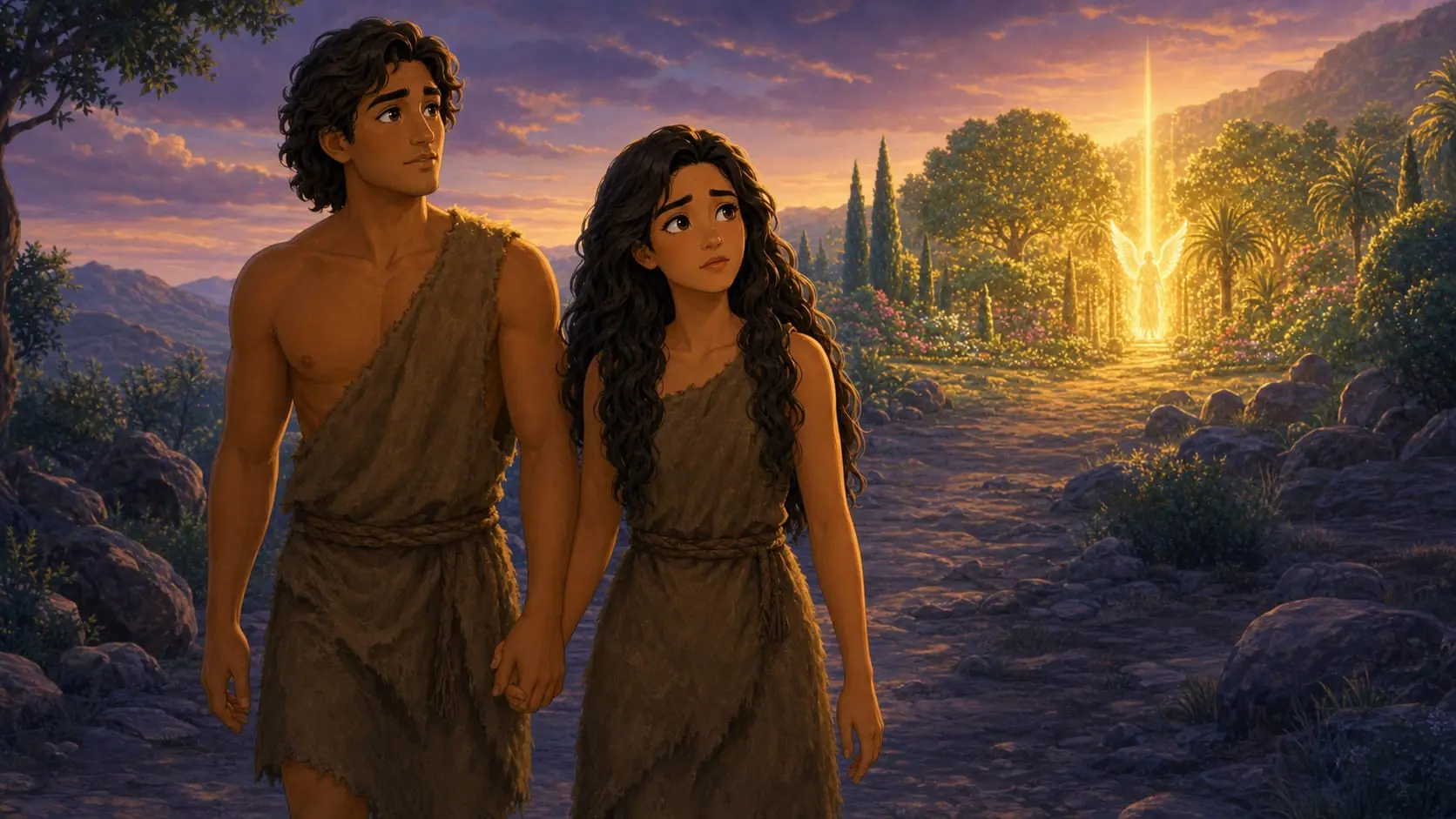 Adam and Eve leaving the glowing Garden of Eden in simple garments