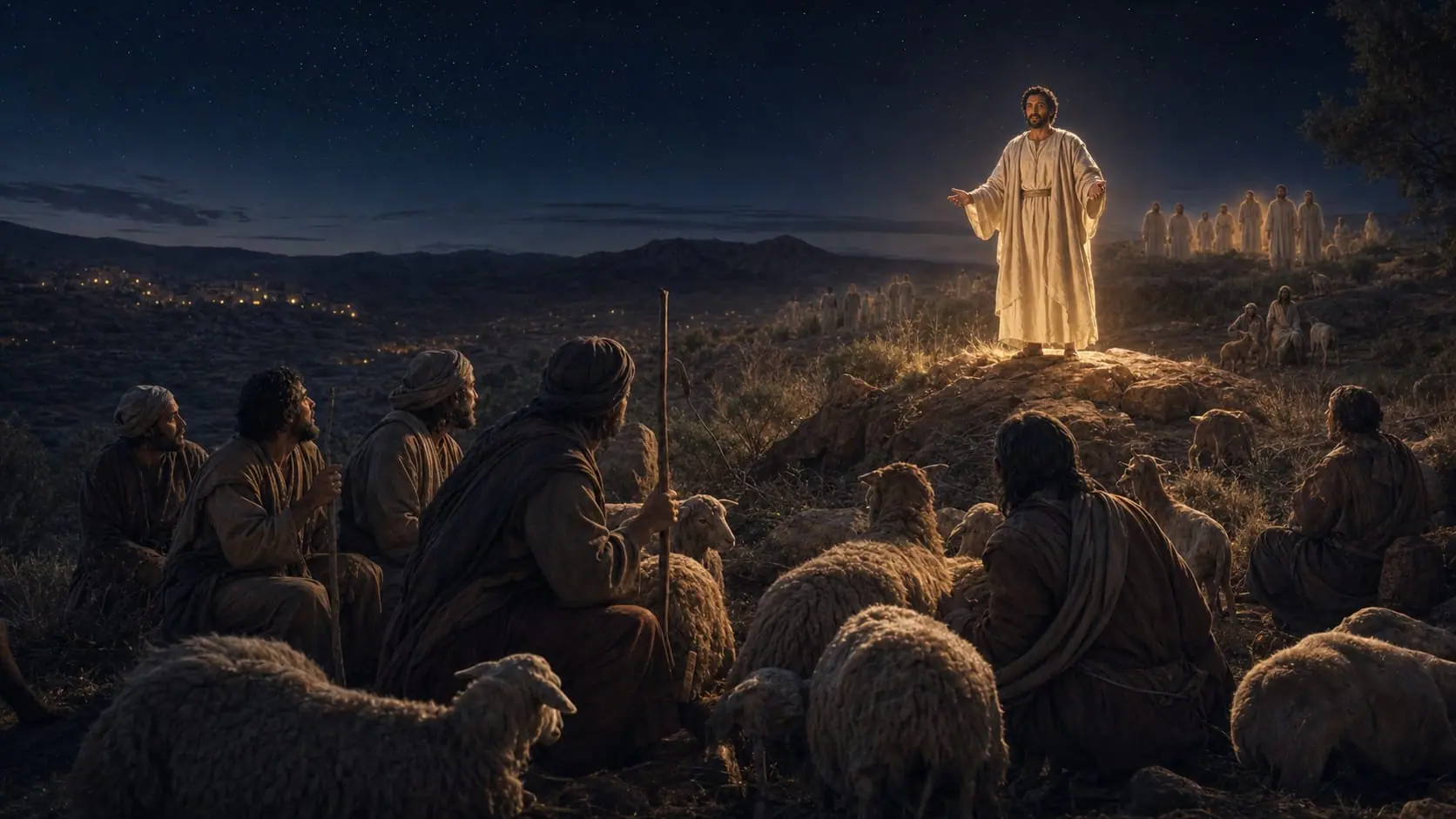 Shepherds in fields near Bethlehem hear a radiant heavenly messenger announce the birth of Jesus
