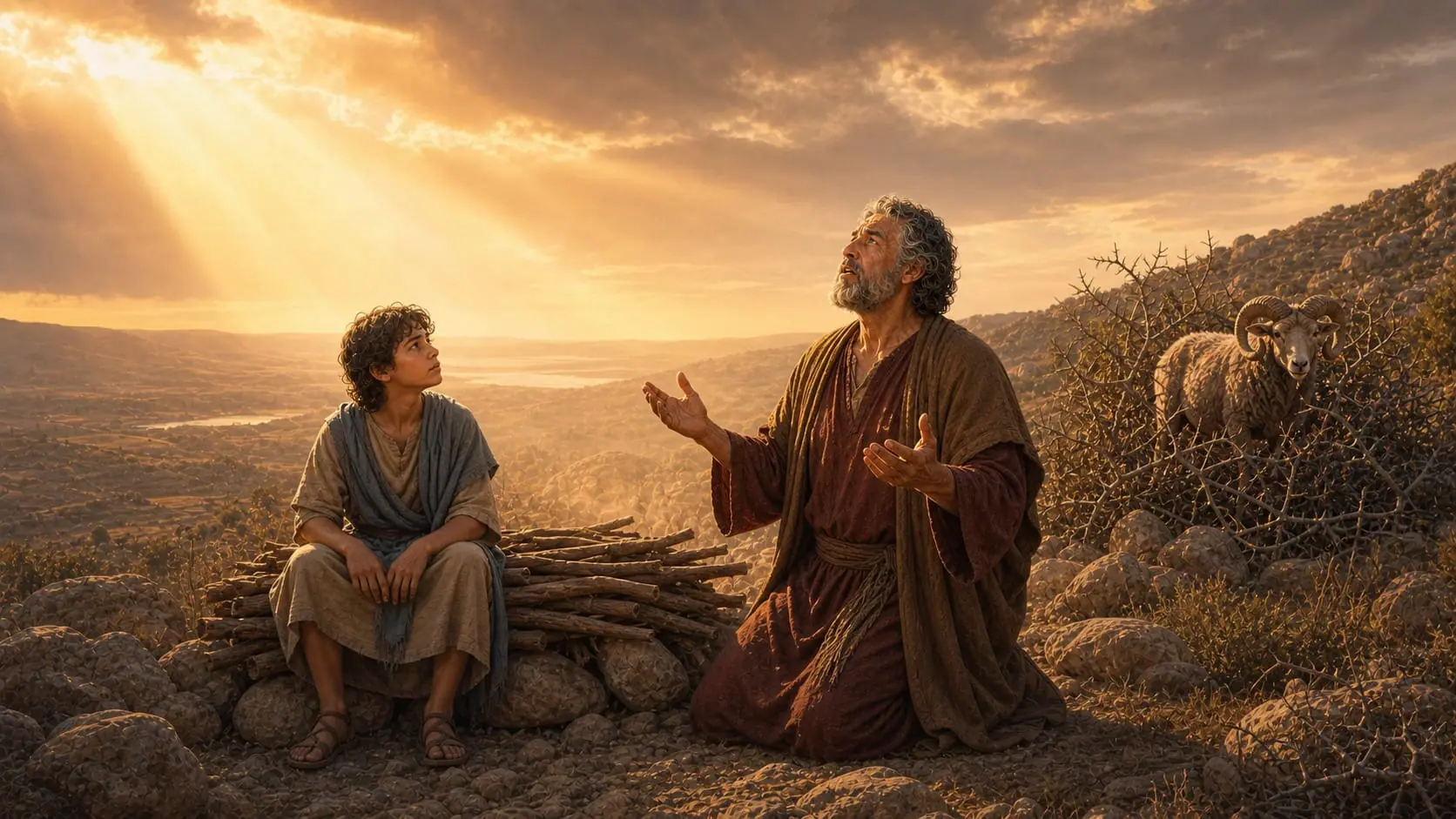 Divine light stops Abraham while Isaac sits unharmed beside the altar and a ram waits in the thicket