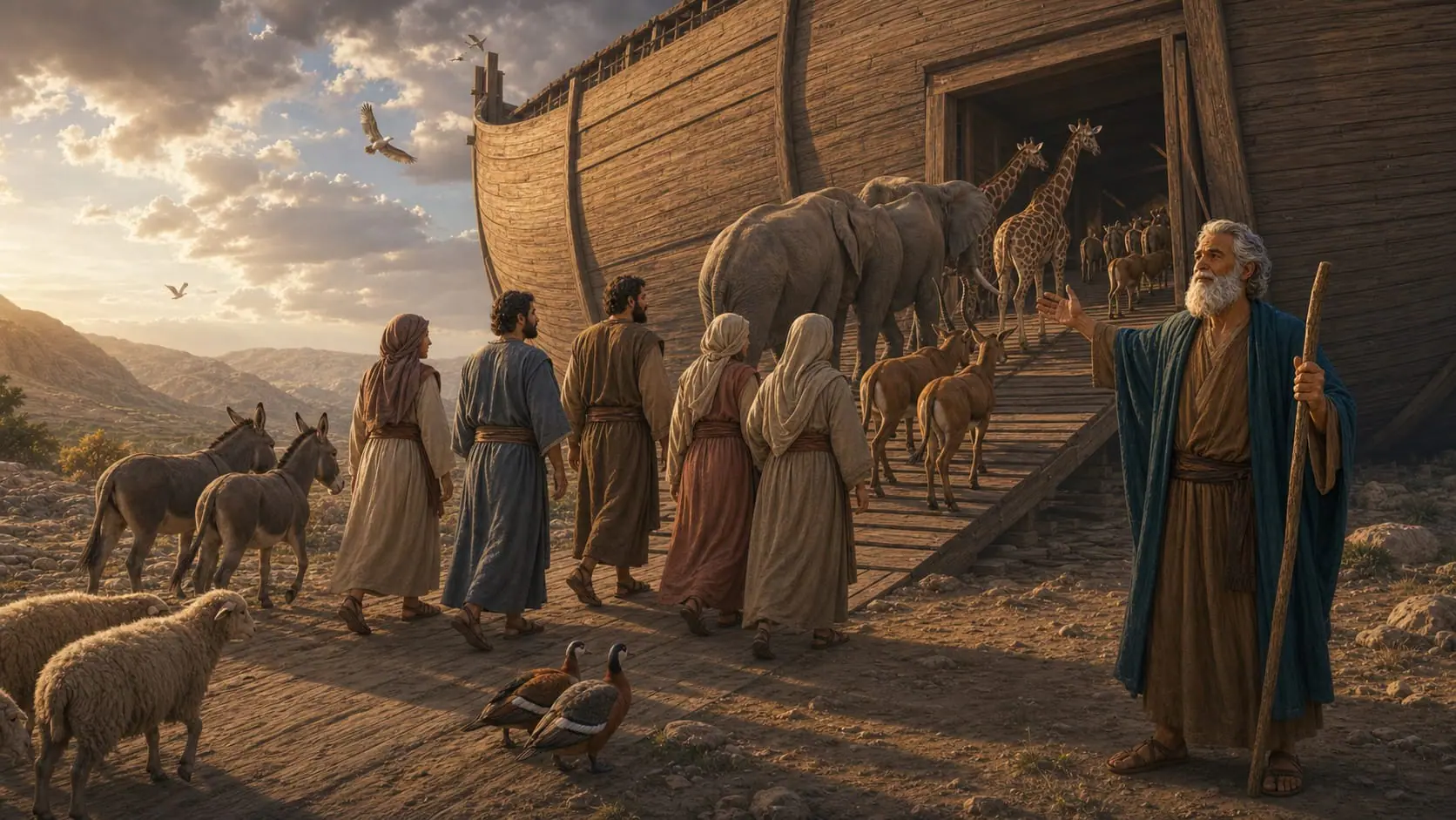 Noah guiding his family and pairs of animals into the ark