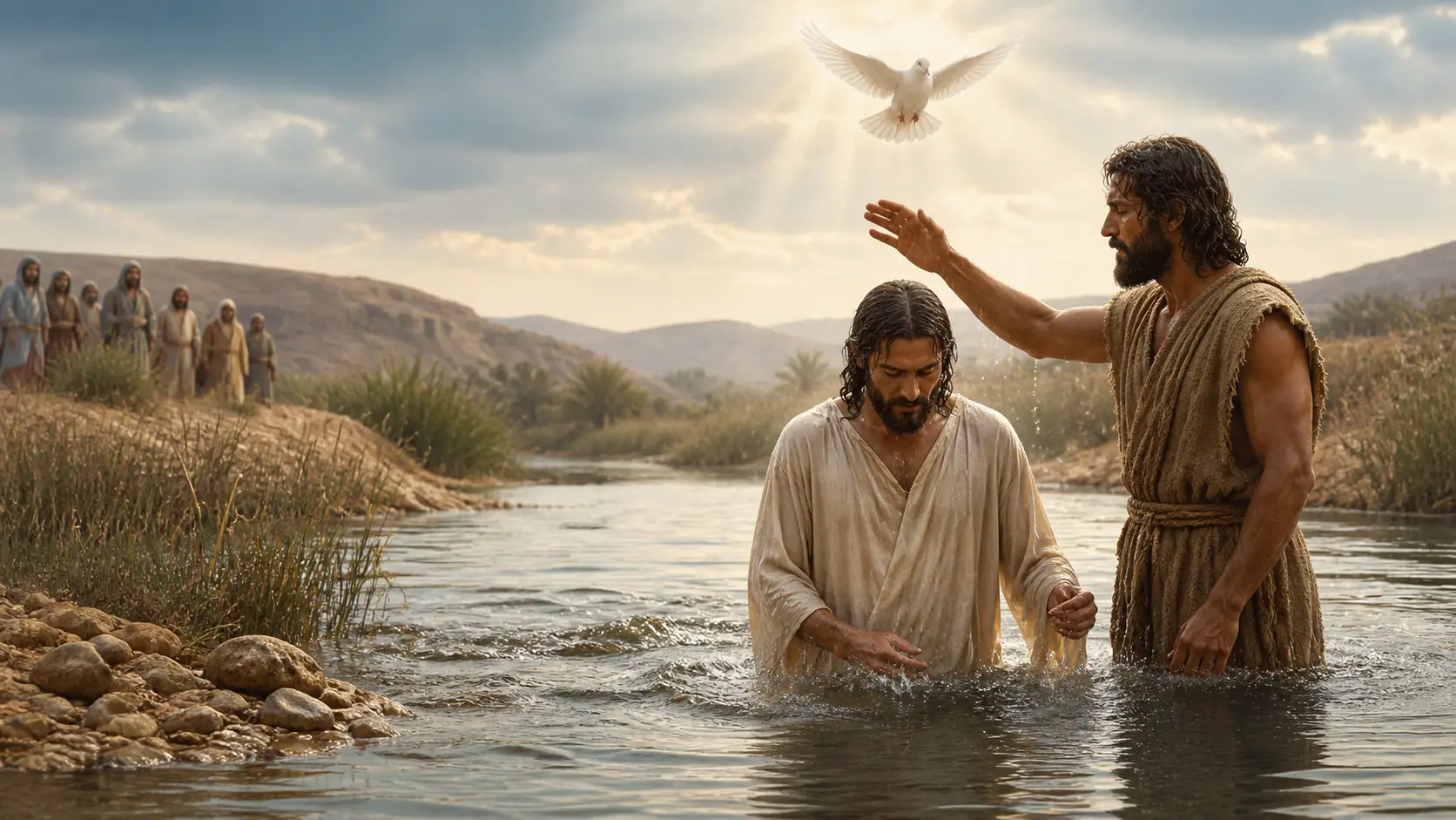 Representational scene of John the Baptist beside Jesus in the Jordan River