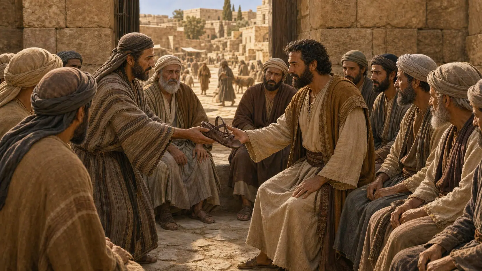 The nearer relative gives Boaz a sandal before ten elders at Bethlehem’s city gate