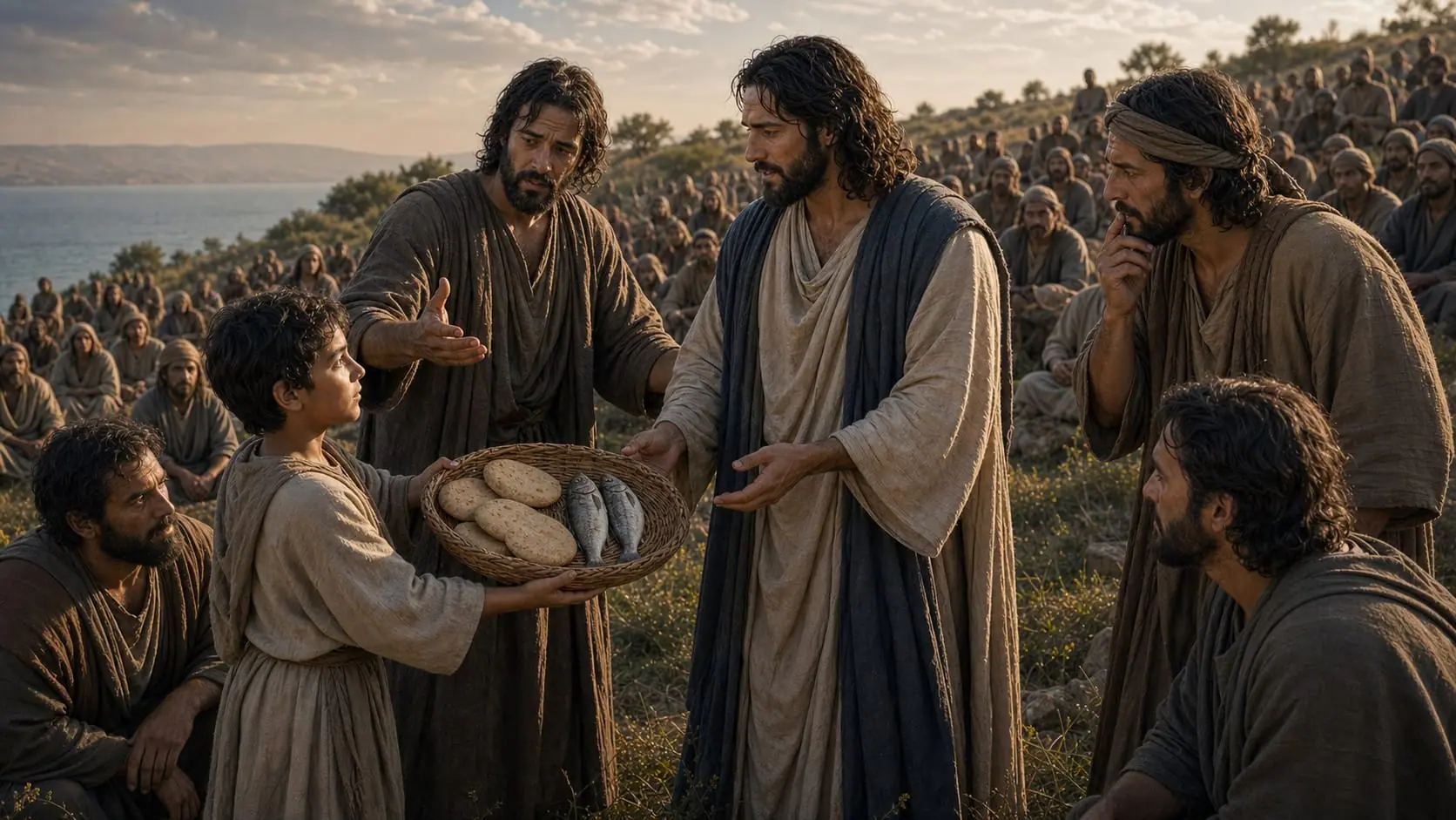 An unnamed boy offers Jesus a basket containing five barley loaves and two fish as Andrew speaks