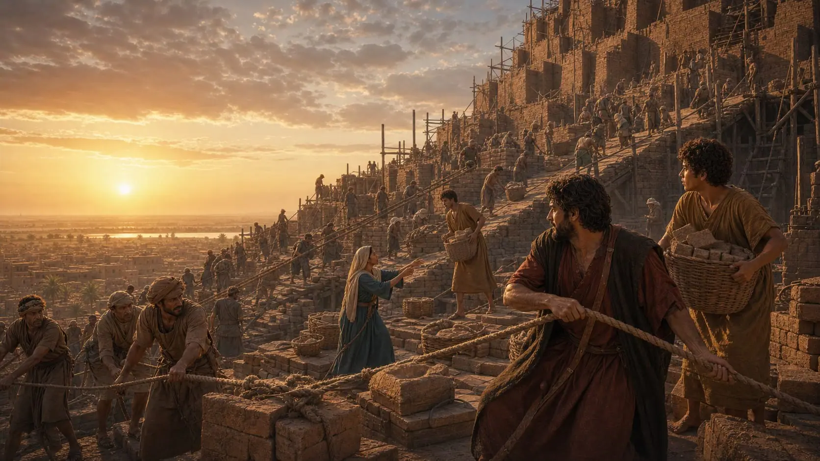 Builders hauling bricks up ramps and scaffolding on the unfinished Tower of Babel