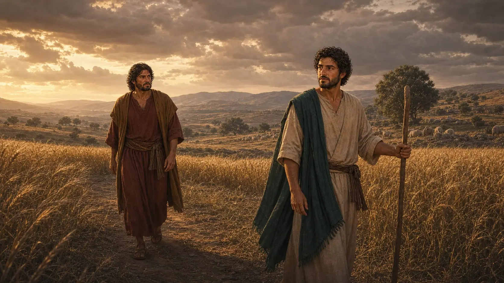 Cain following Abel into a quiet field before the tragedy