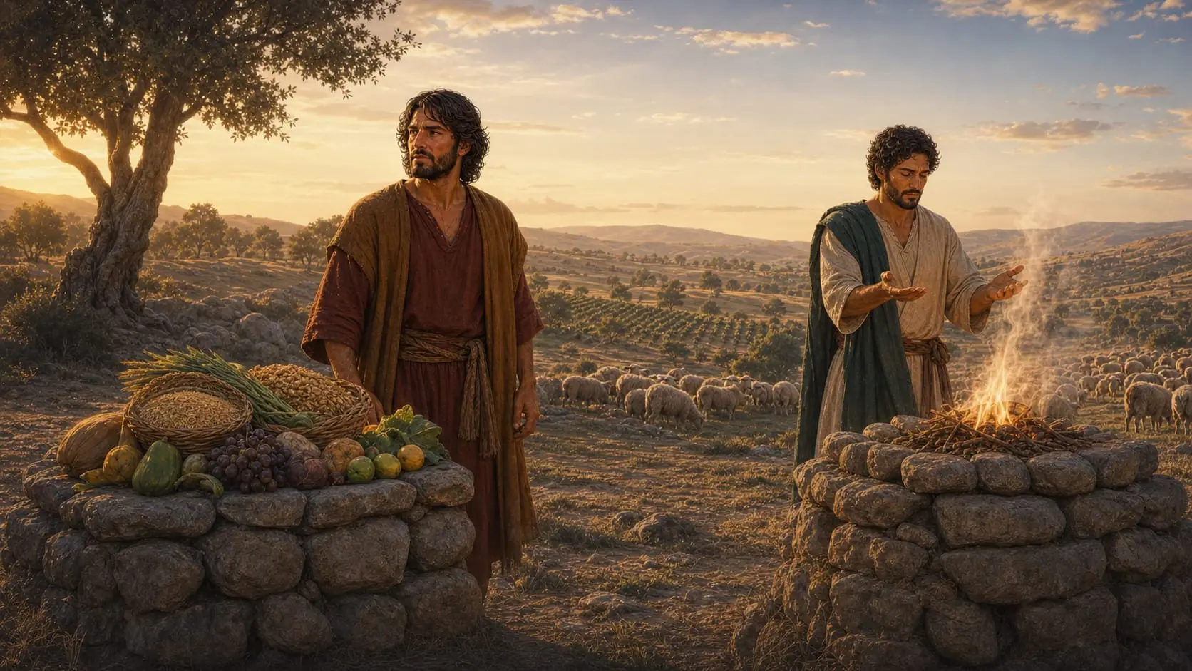Cain beside an offering of crops and Abel worshiping beside his altar