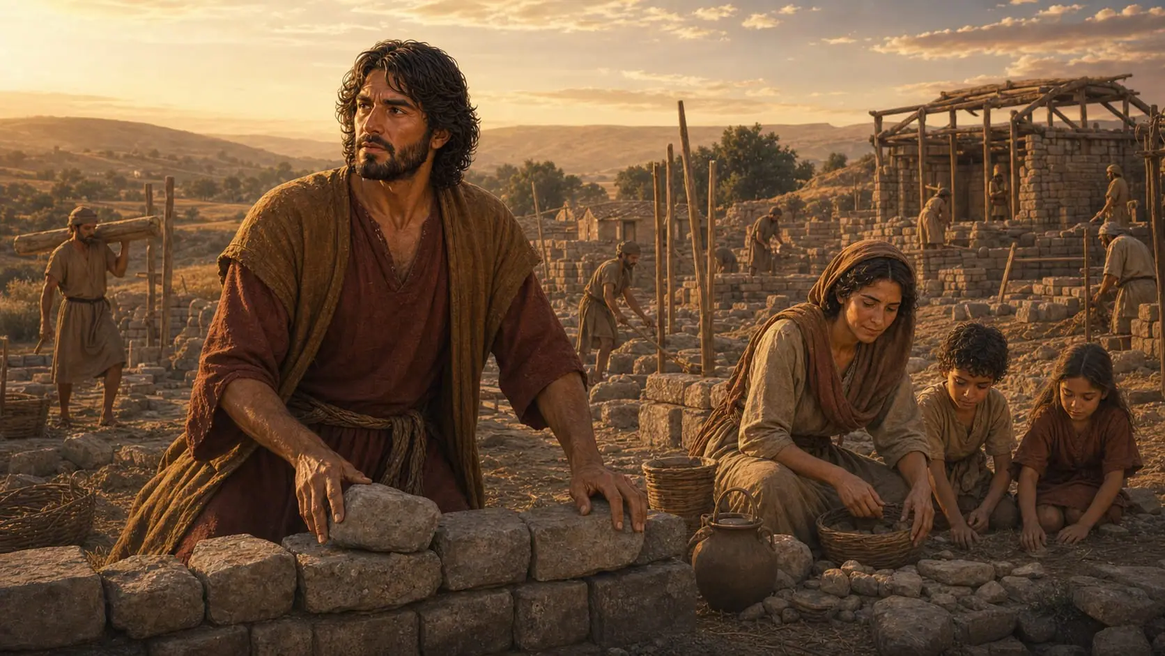 Cain building a settlement with his family in the land of Nod