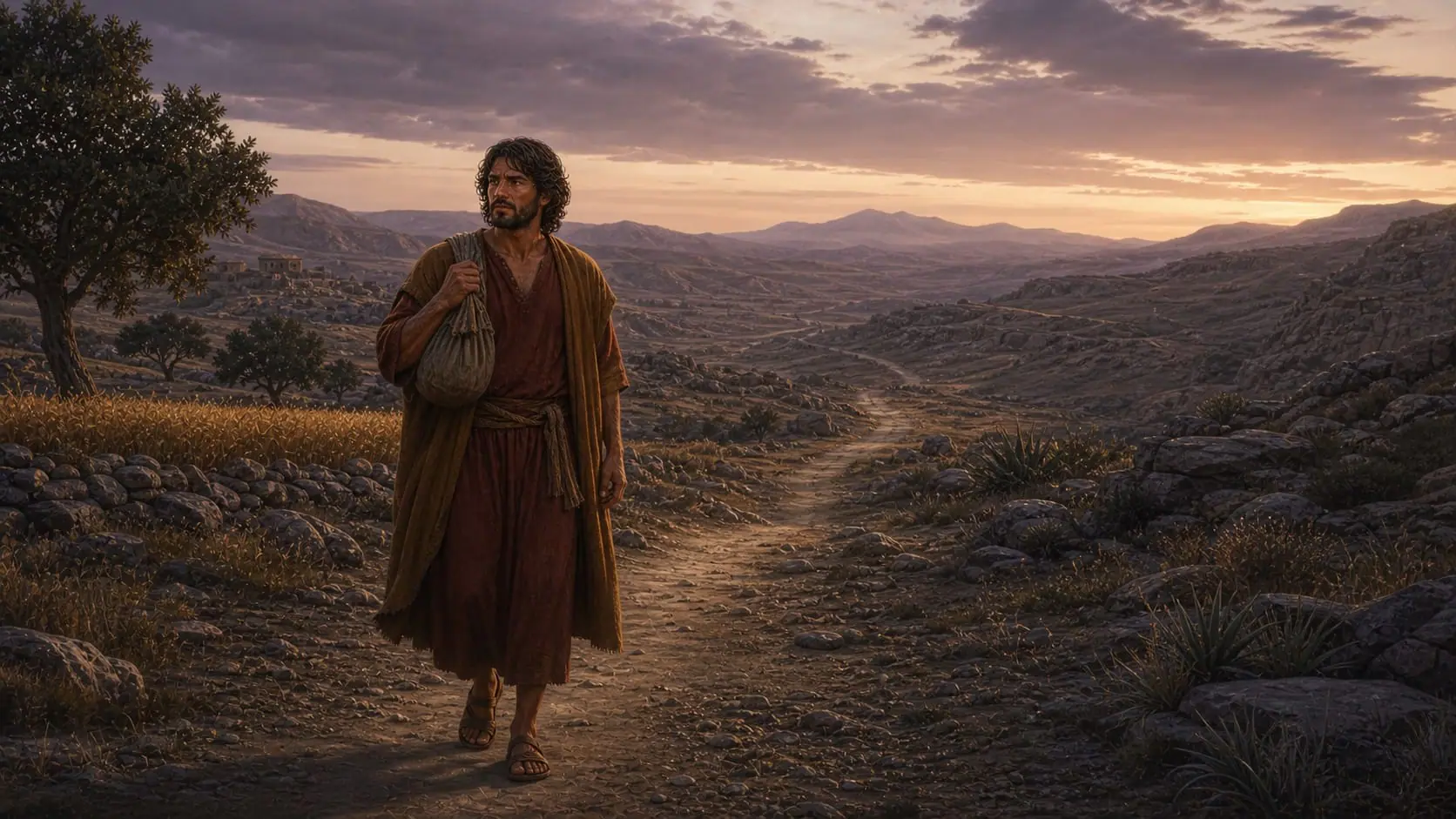 Cain carrying a bundle as he walks alone on a road east of Eden