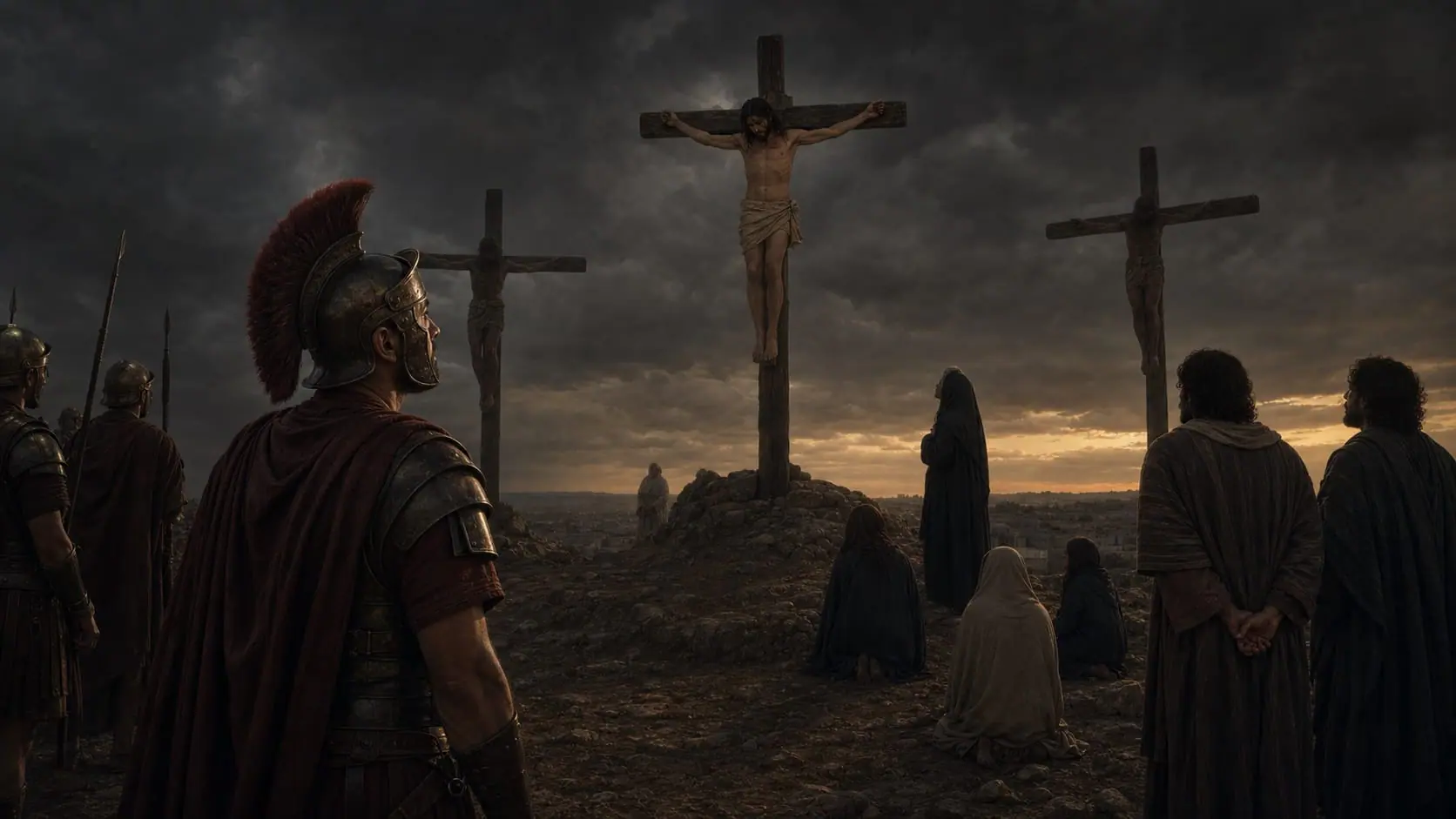 A Roman centurion looks toward Jesus after his death as darkness covers Golgotha and grieving followers remain nearby