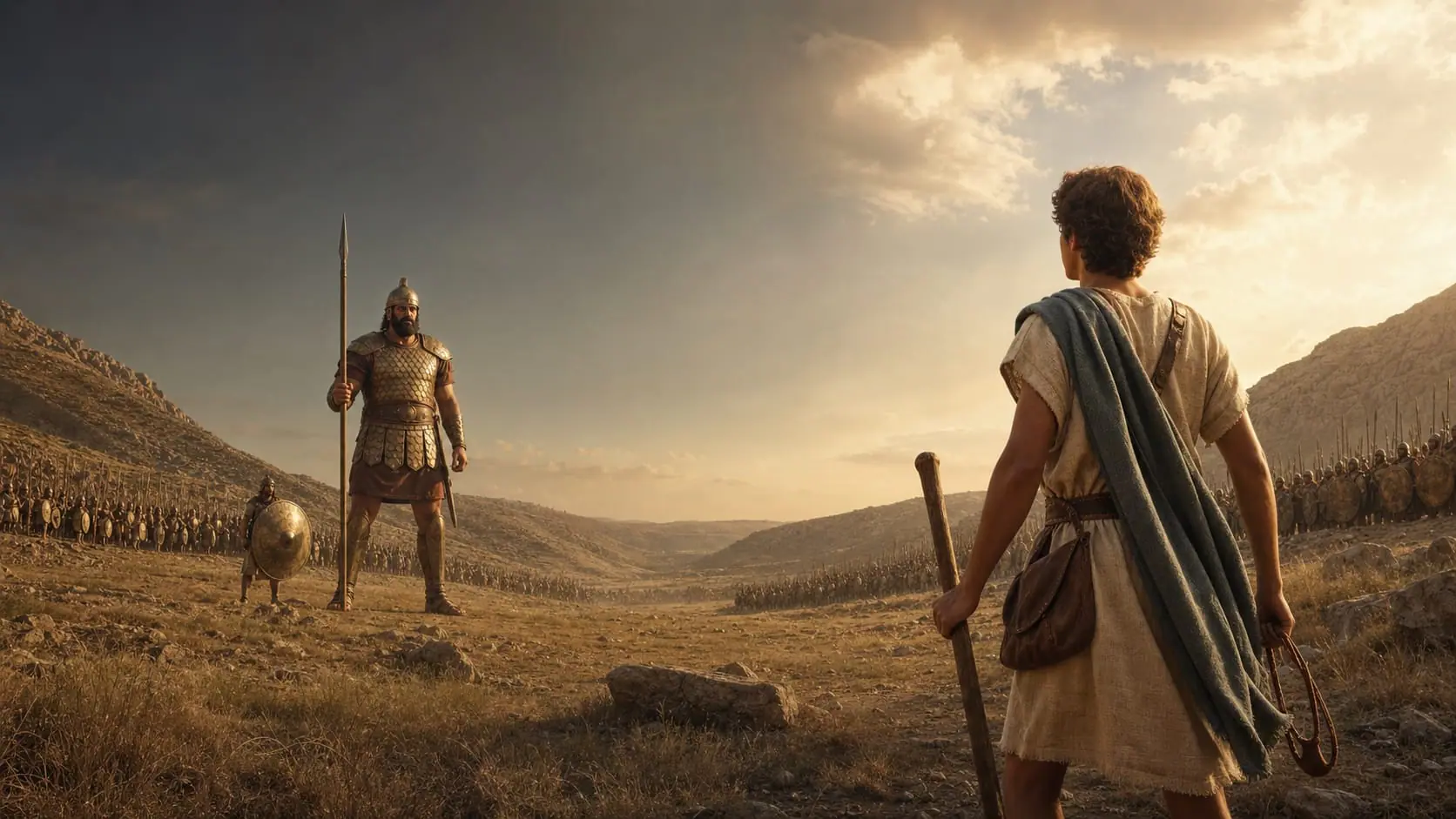 Young David faces the armored Philistine champion Goliath between two armies in the Valley of Elah