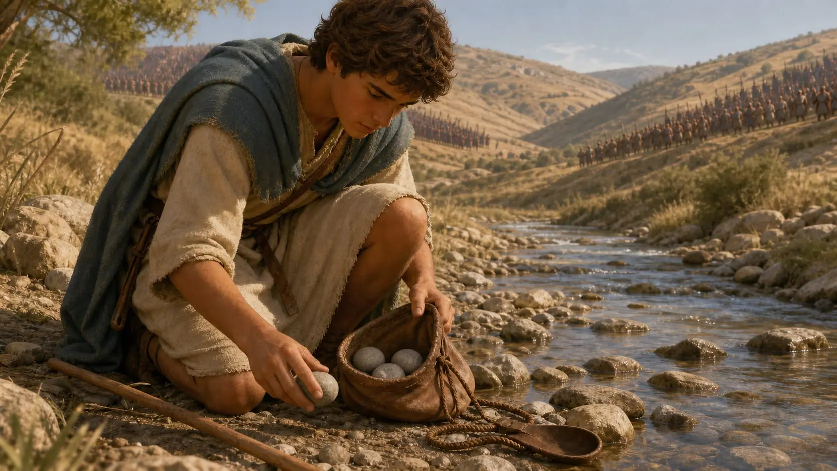 David places four smooth stones in his shepherd’s pouch while holding the fifth beside the brook