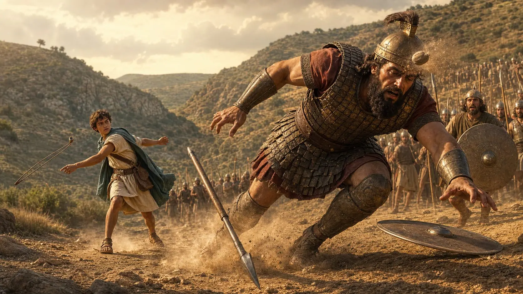 David’s sling stone strikes Goliath’s forehead as the armored champion falls forward in the valley