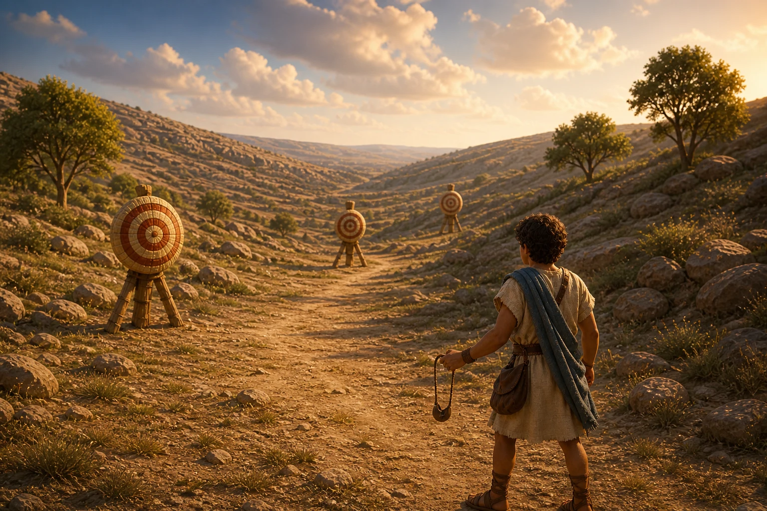 David practicing sling accuracy with three targets in a sunlit valley