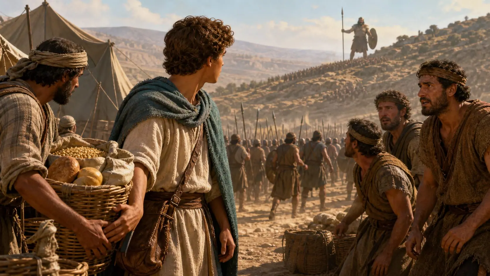 David brings grain and bread to Israel’s camp and turns to hear Goliath challenge the army