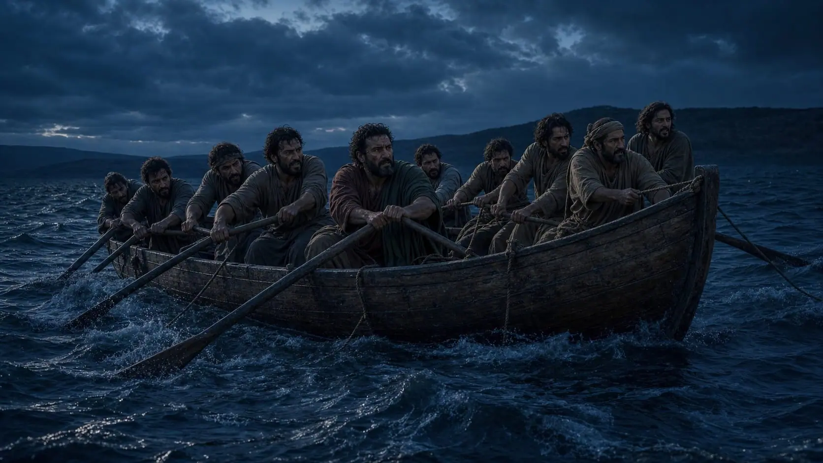 Galilean disciples strain at heavy oars as a contrary wind drives waves against their fishing boat at night