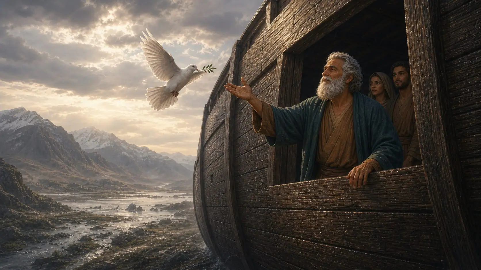 A dove carrying an olive leaf returns to Noah at the ark’s opening
