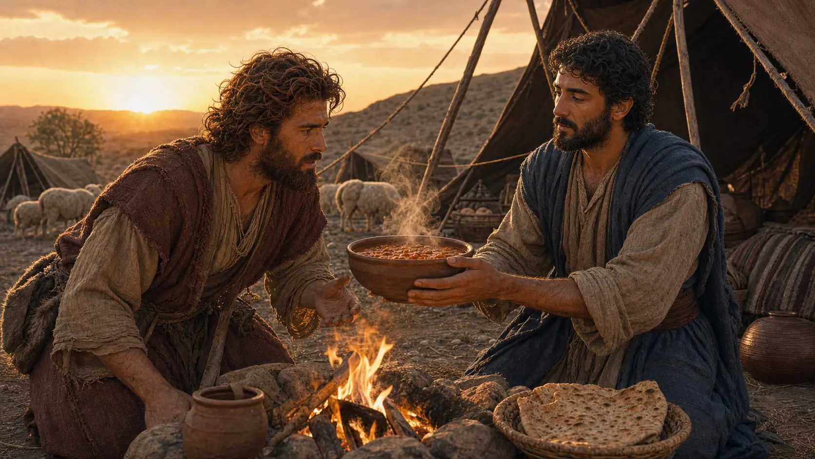 Hungry Esau reaches for bread and red lentil stew as he sells his birthright to Jacob