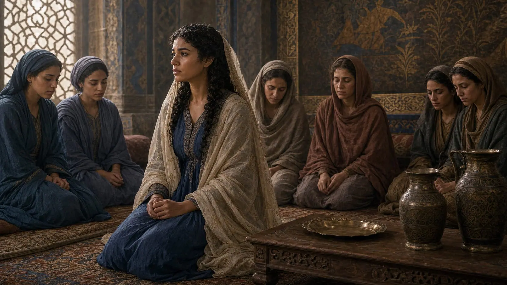 Esther and her attendants sit in solemn fasting before she approaches the king