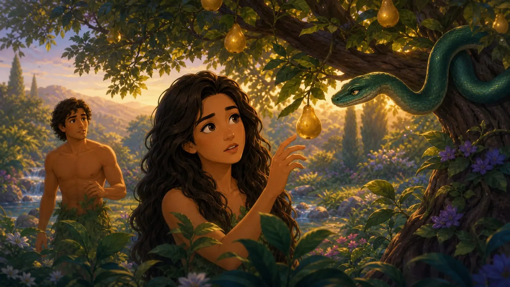 Eve reaching toward unidentified fruit as the serpent speaks from a tree and Adam watches
