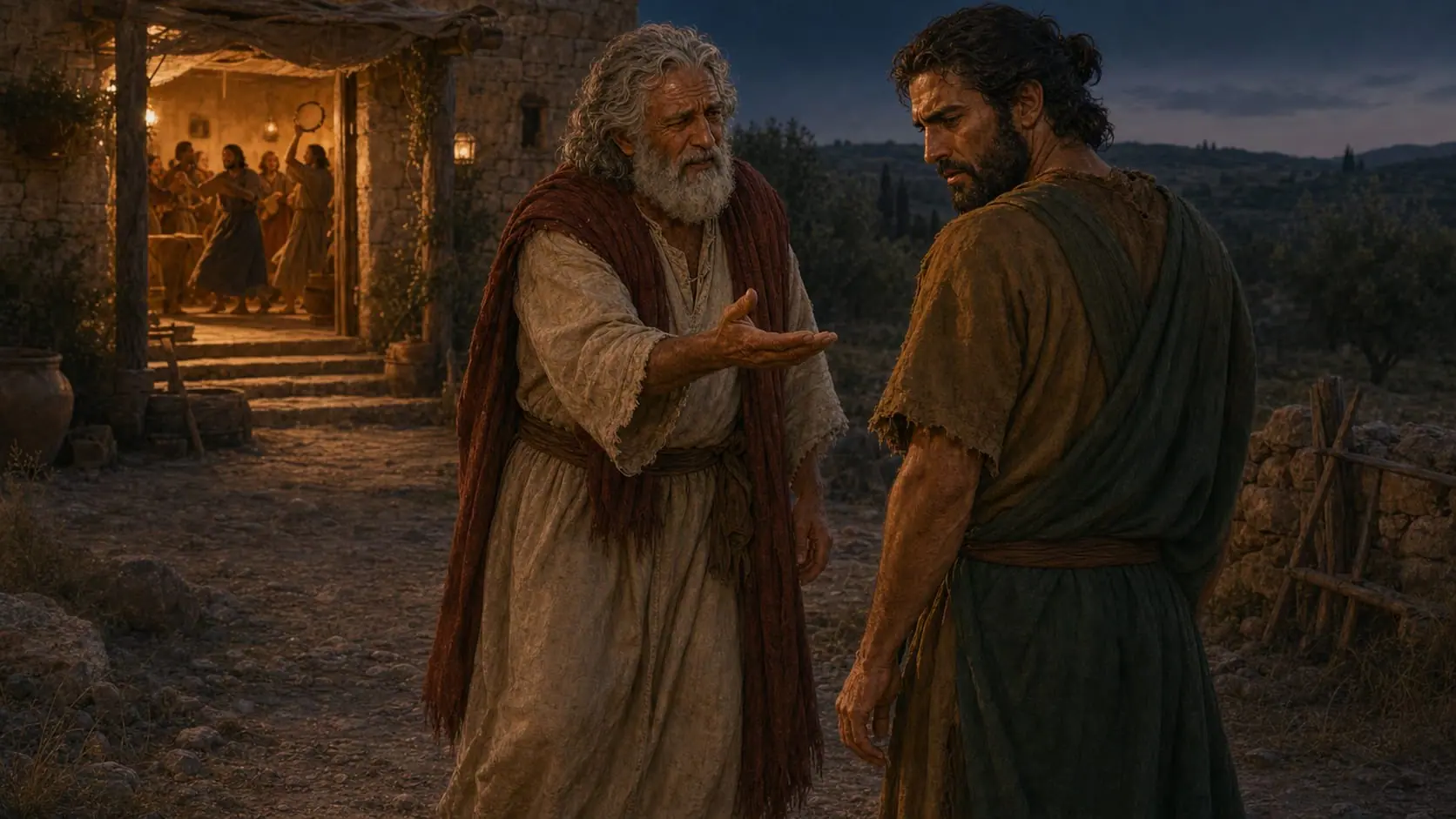 The father comes outside the celebration and gently appeals to his angry older son