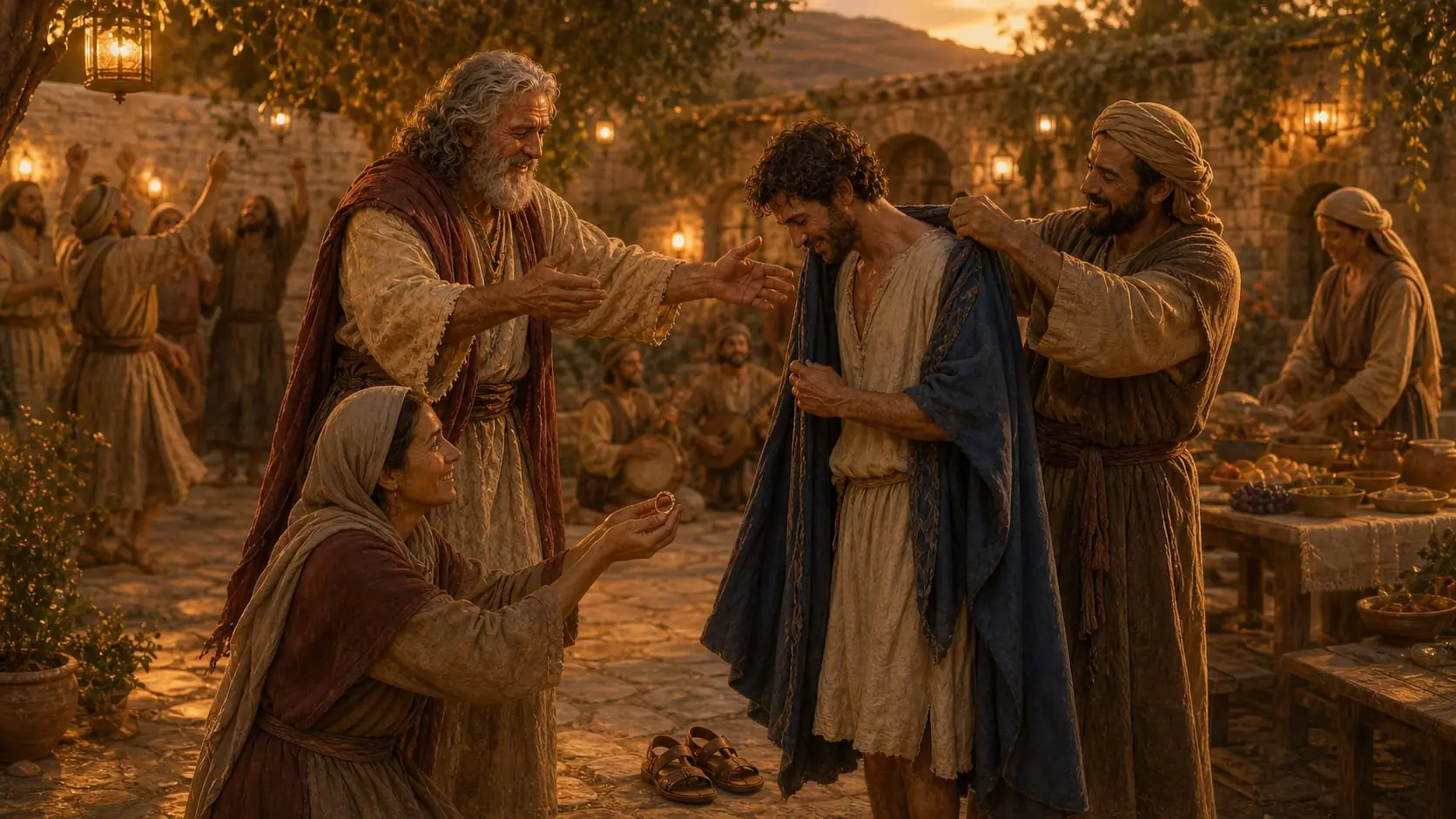 Servants place the best robe on the returned son and present a ring as his father begins the celebration