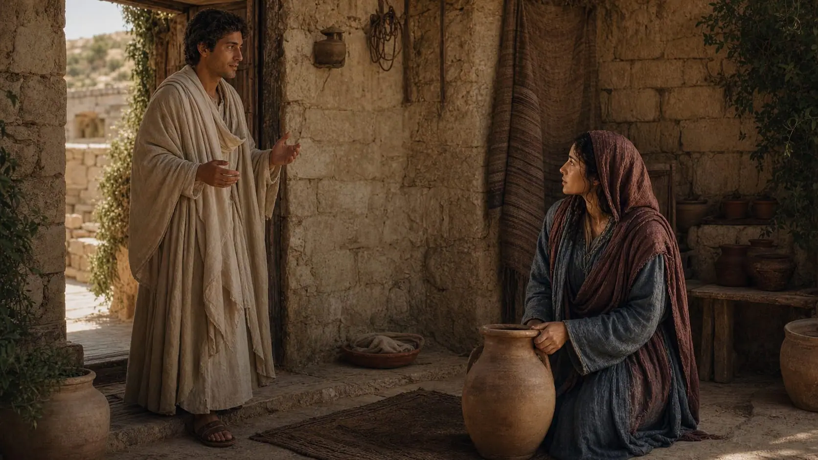Gabriel announces to Mary in a modest Nazareth home that she will give birth to Jesus