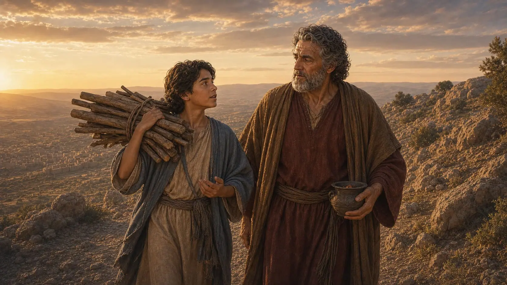 Isaac carrying the offering wood while asking Abraham where the lamb is