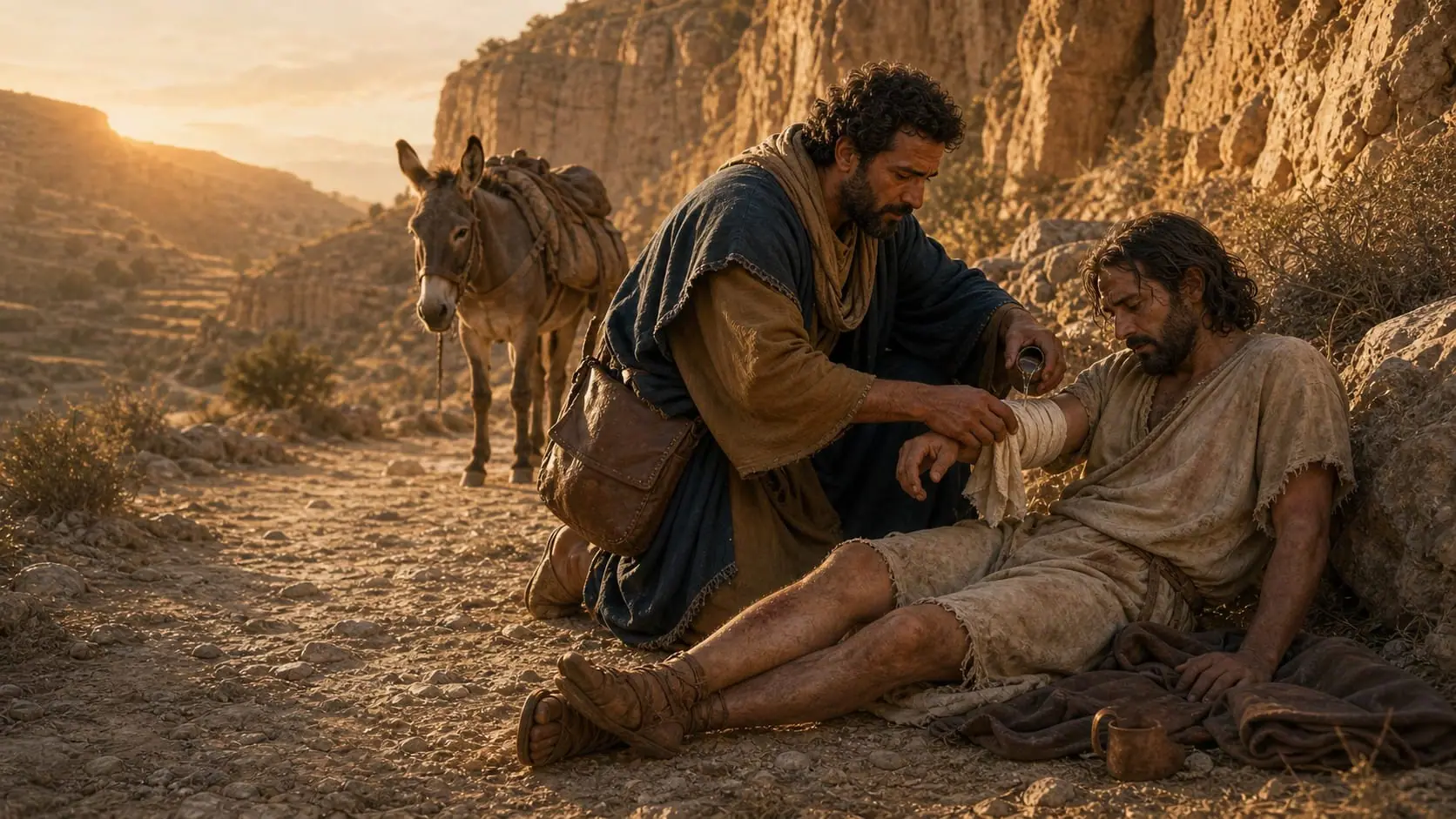 The Good Samaritan treats an injured traveler on the rocky road from Jerusalem to Jericho
