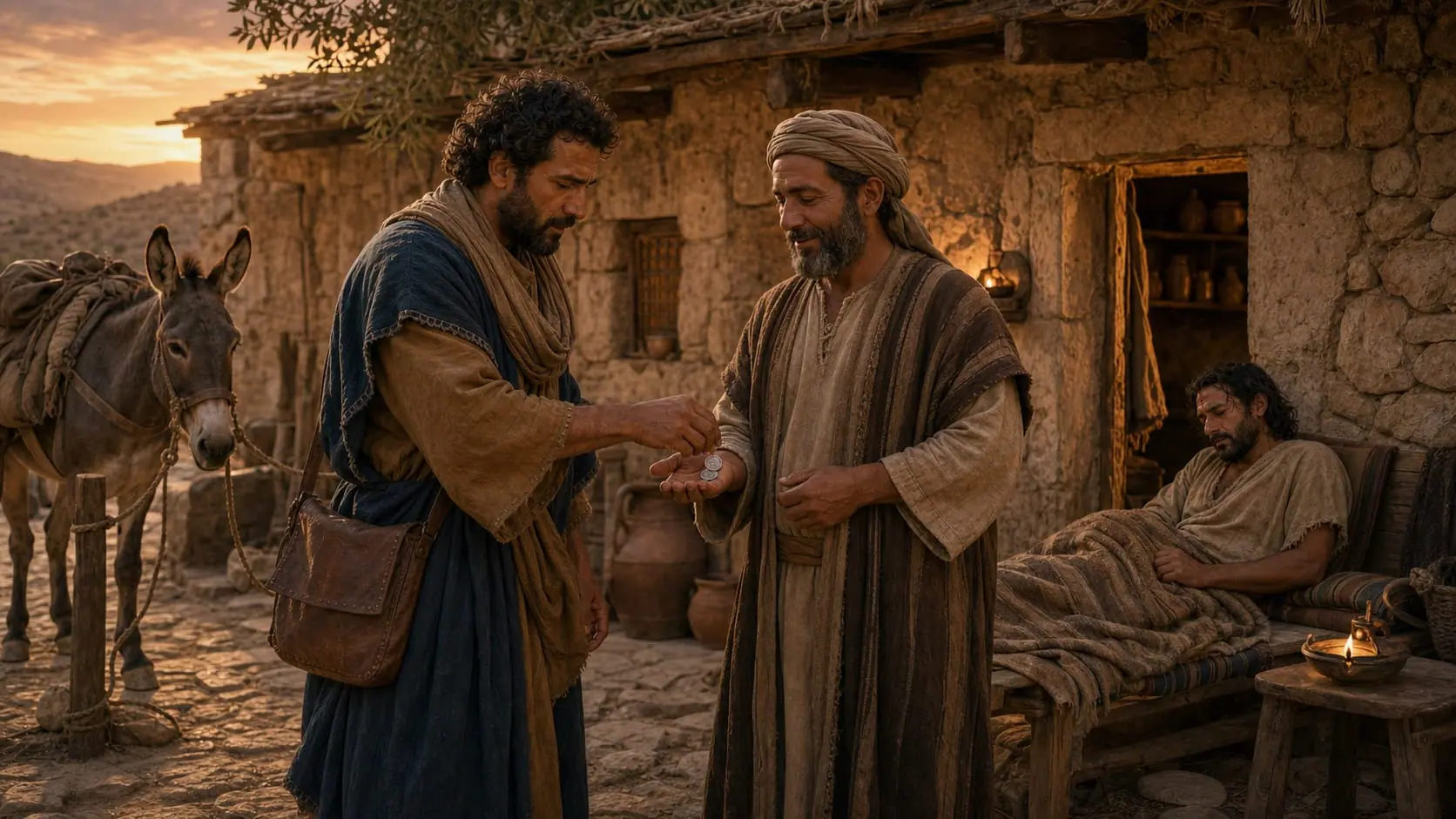 The Good Samaritan gives two denarii to an innkeeper while the injured traveler rests safely nearby