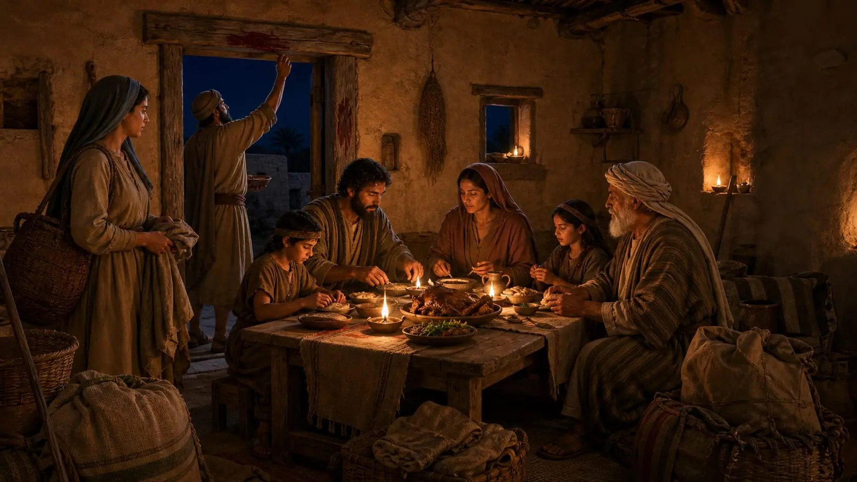 An Israelite family eats the first Passover meal dressed for travel while a doorframe is marked