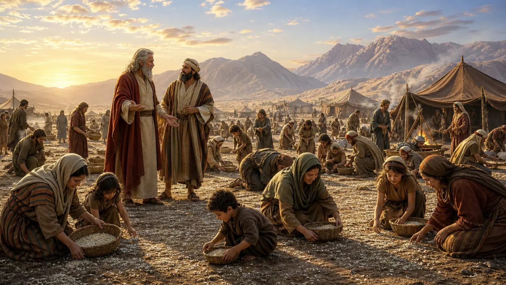 Israelite families gather manna into baskets at sunrise while Moses and Aaron stand in the wilderness camp