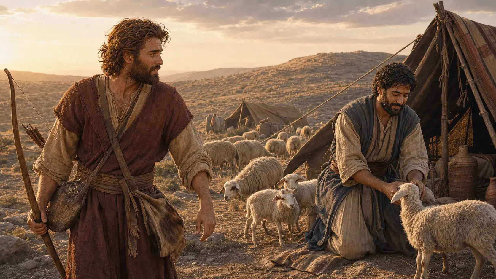 Esau returns from hunting while Jacob tends sheep beside the family tents in Canaan