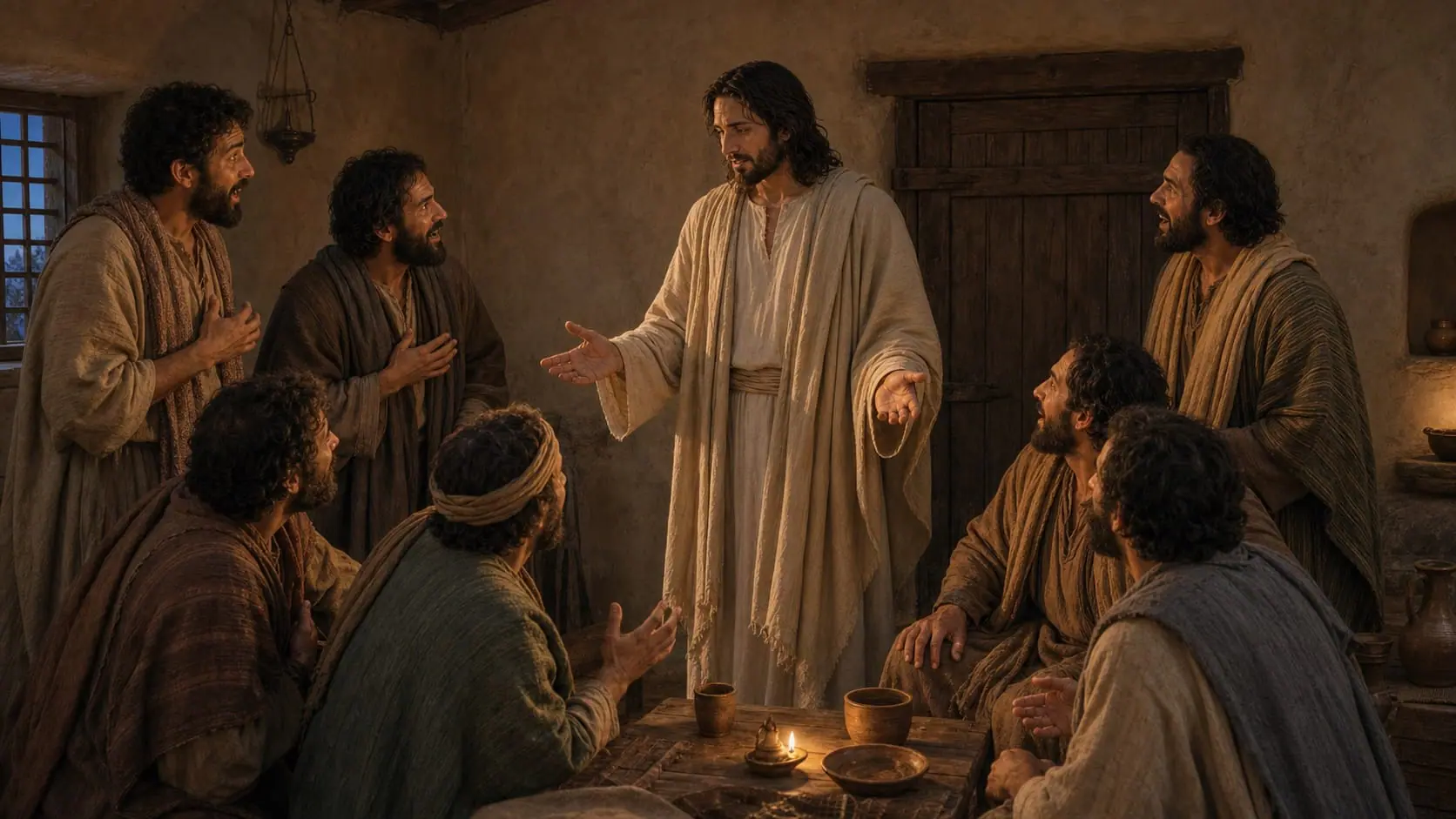 The risen Jesus shows his hands to astonished disciples gathered behind a closed door
