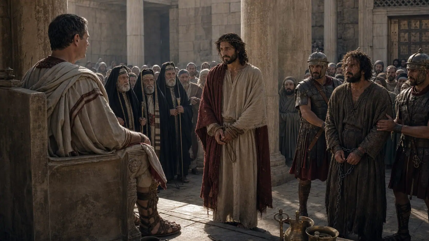 Jesus stands before Pontius Pilate while Barabbas, Roman guards, leaders, and a crowd wait in the courtyard