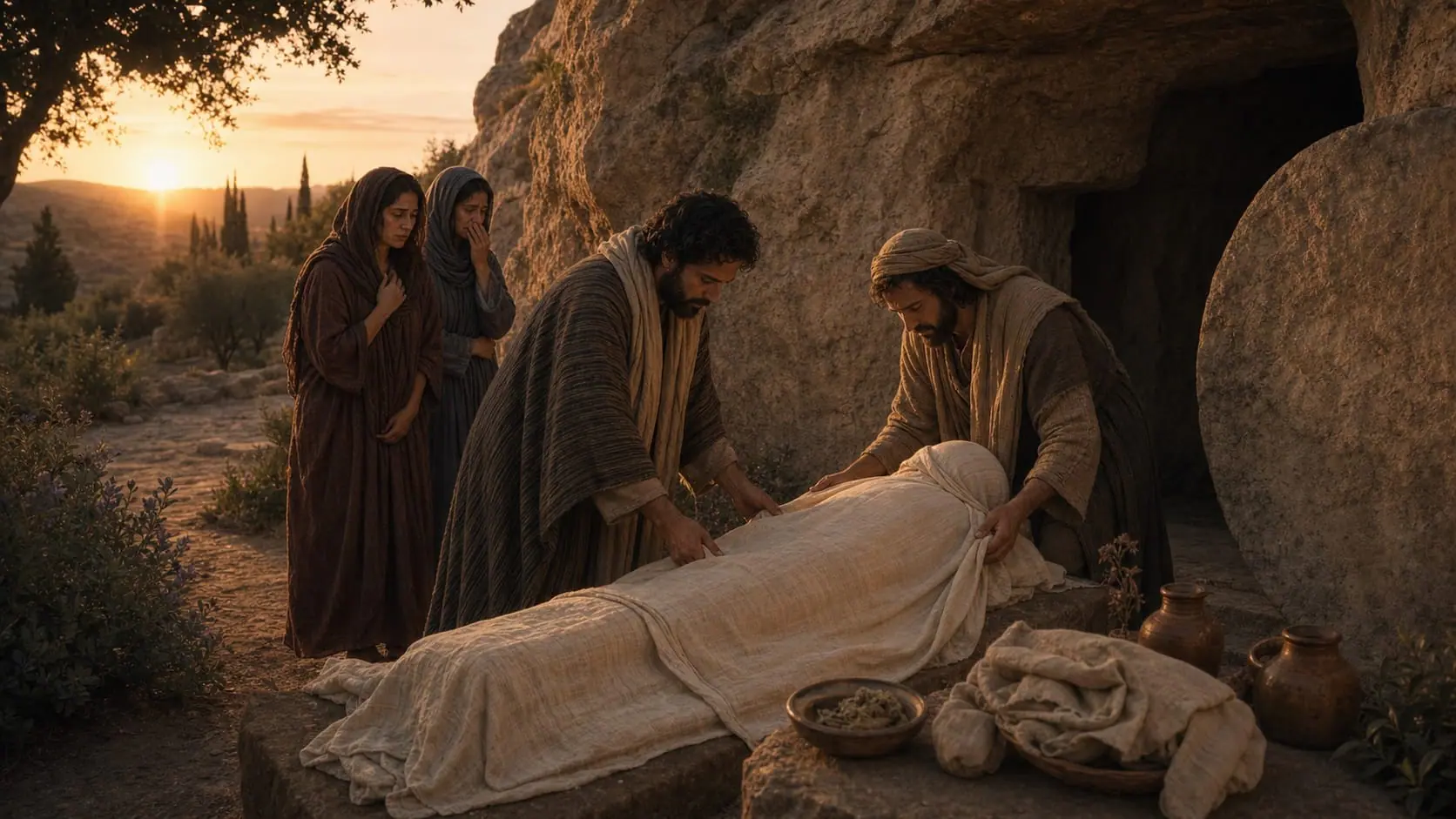 Joseph of Arimathea and Nicodemus wrap Jesus in linen beside a rock-cut tomb while women observe at sunset