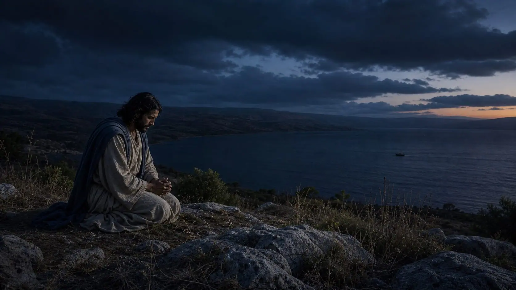 Jesus prays alone on a Galilean hillside at night while the disciplesâ small boat crosses the lake below