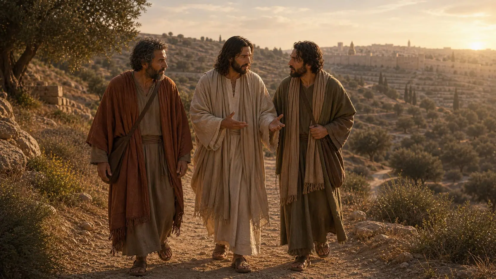 The risen Jesus explains the Scriptures while walking with two disciples on the road to Emmaus