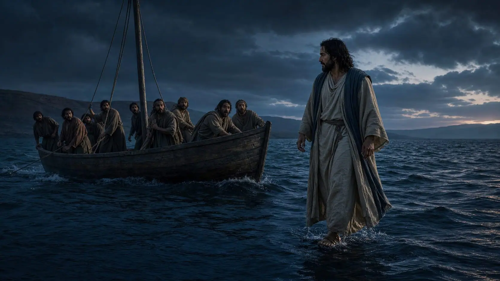 Jesus walks on the Sea of Galilee toward astonished disciples in a wooden fishing boat before dawn