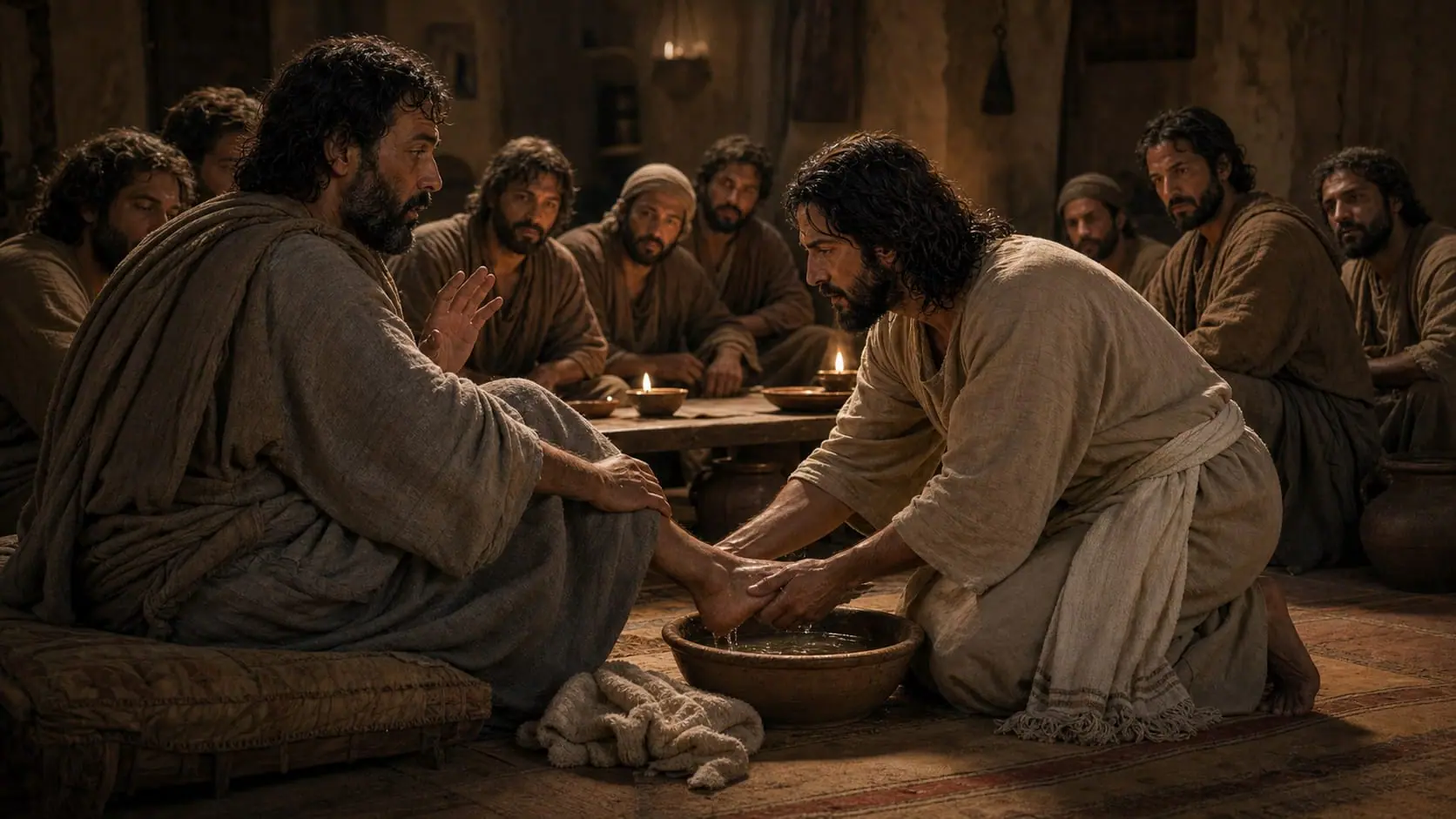 Jesus kneels beside a pottery basin and washes Peter’s feet while the other disciples watch in the upper room