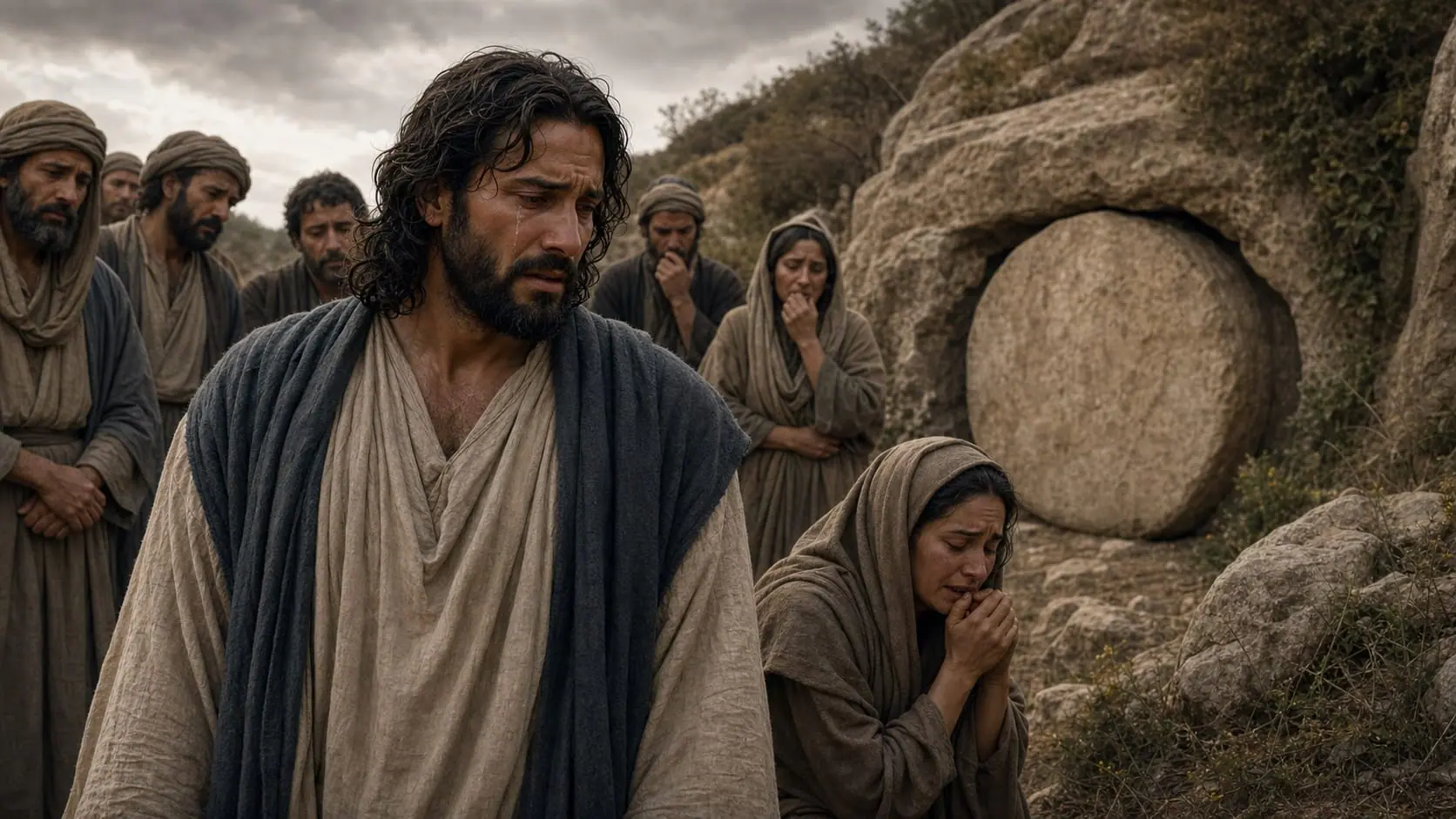 Jesus weeps with Mary and mourners before the sealed stone tomb of Lazarus in Bethany
