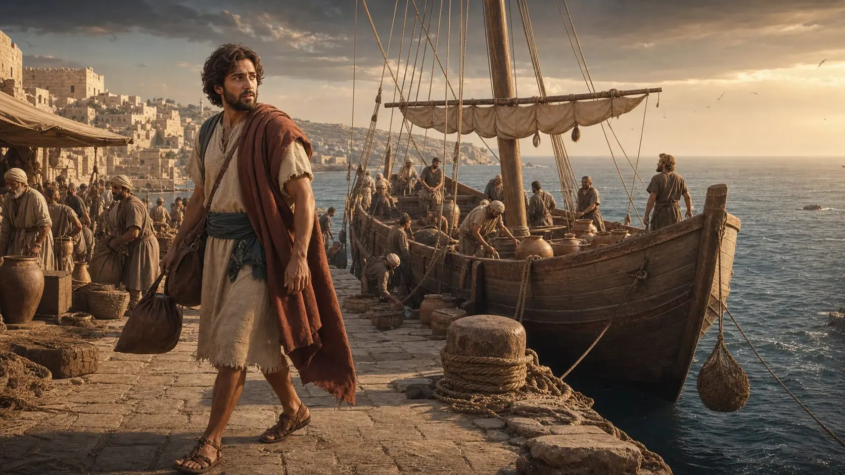 Jonah looks back anxiously while walking toward a merchant ship at the ancient port of Joppa
