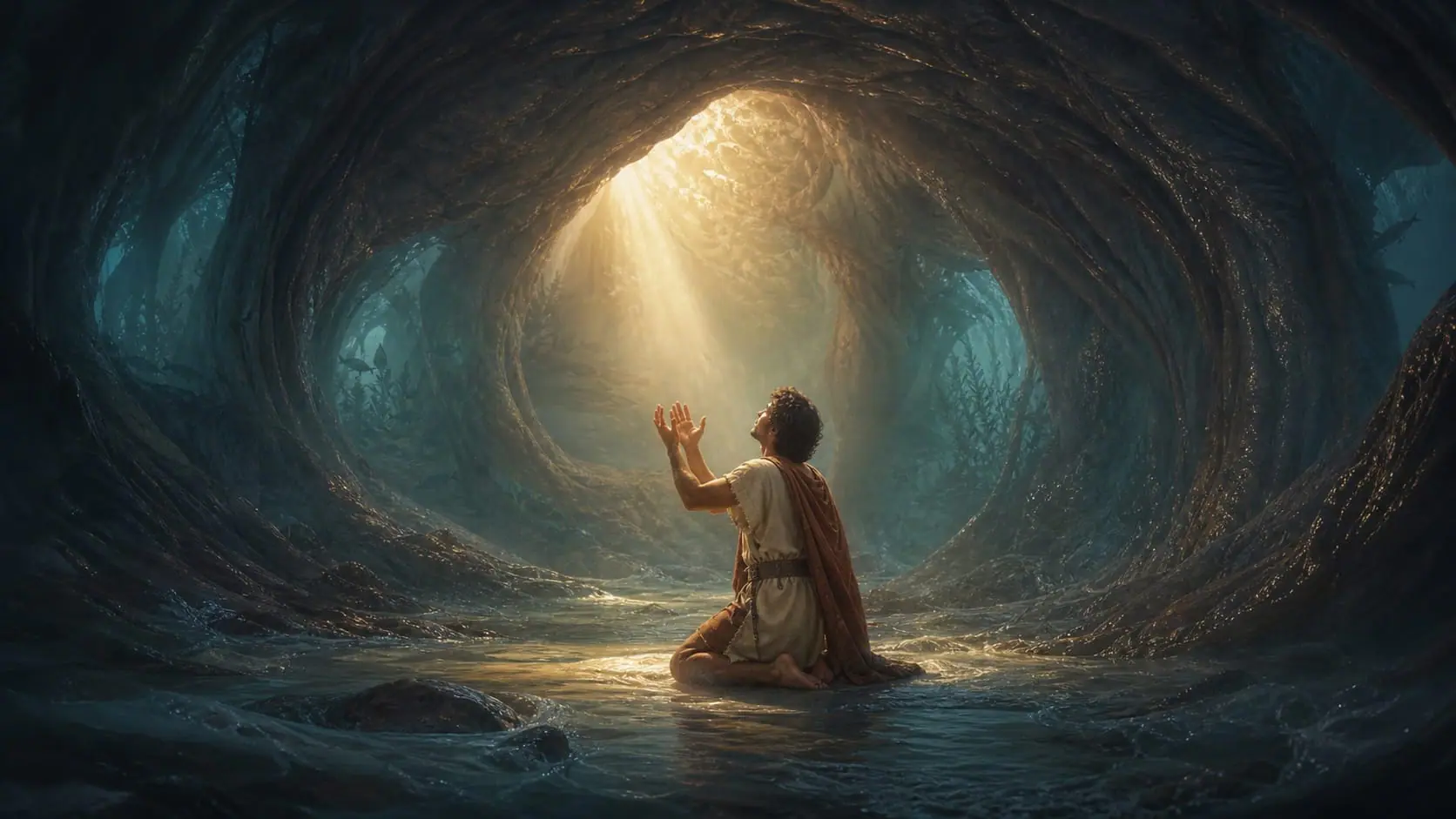 Jonah kneels in prayer inside the vast dark belly of the great fish beneath a beam of golden light