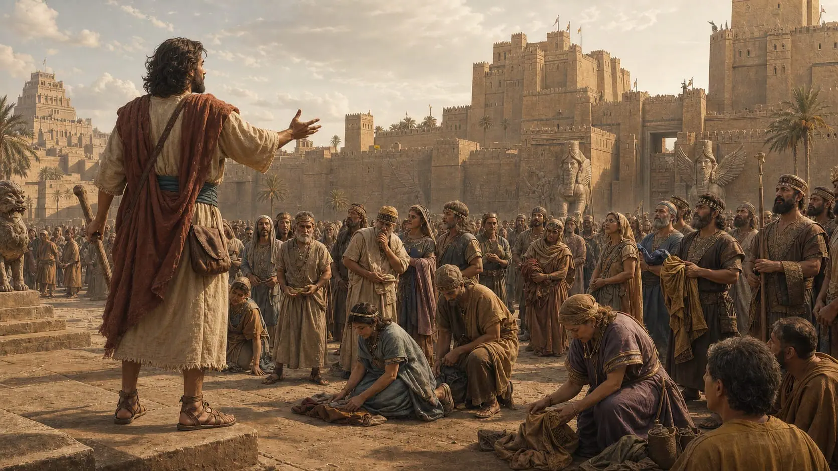 Jonah preaches to a listening and repentant crowd before the monumental gates of ancient Nineveh