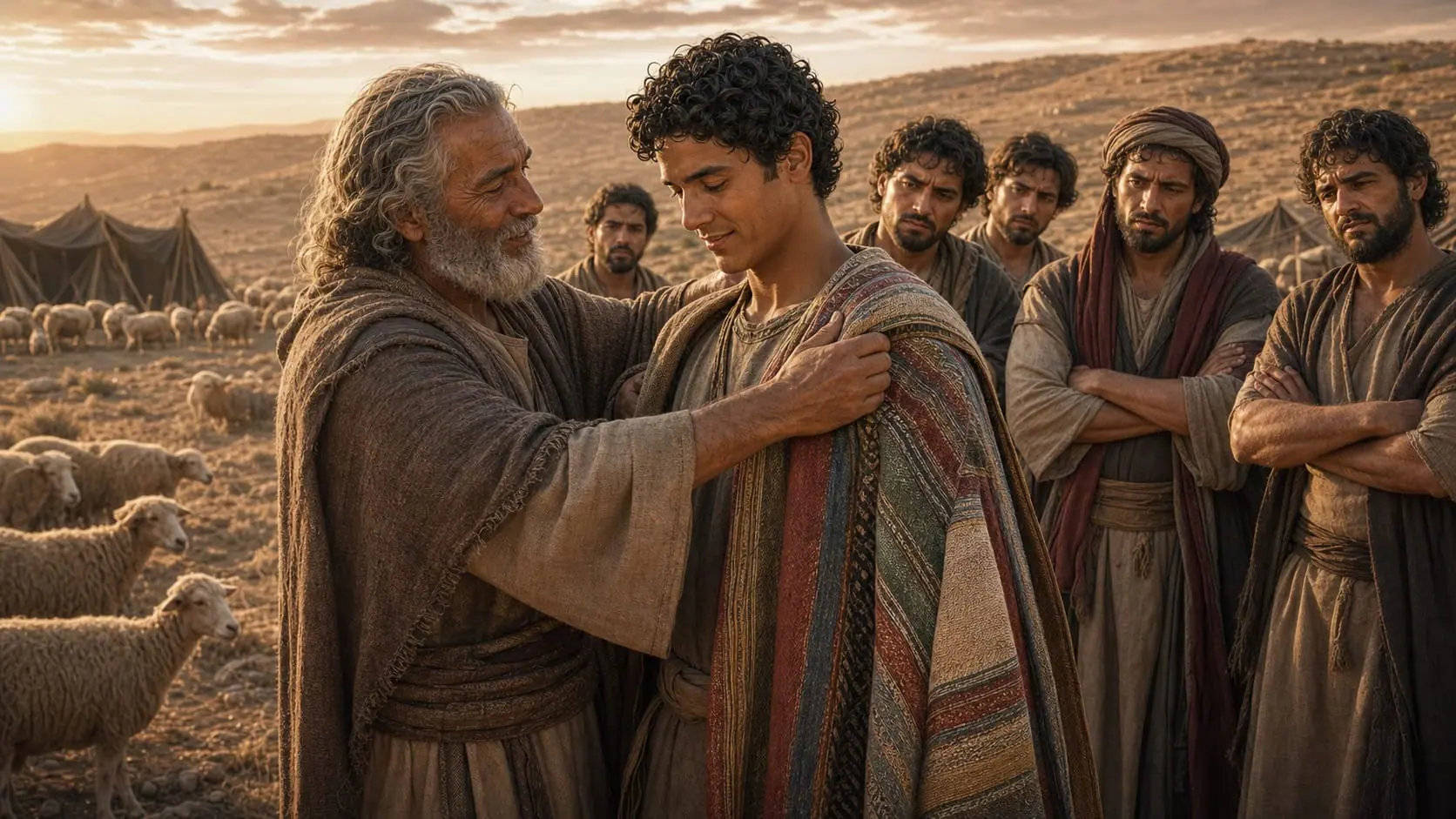 Jacob gives seventeen-year-old Joseph a richly colored tunic while his brothers watch with jealousy