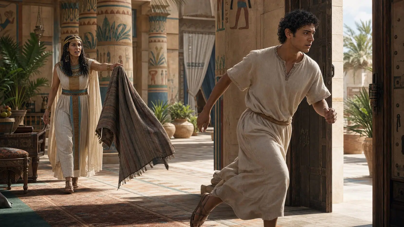 Joseph flees from Potiphar’s wife as she holds the garment he left behind in the Egyptian house