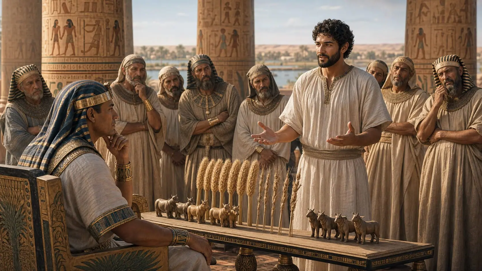 Joseph explains Pharaoh’s dreams of seven healthy and seven thin cattle in the royal court