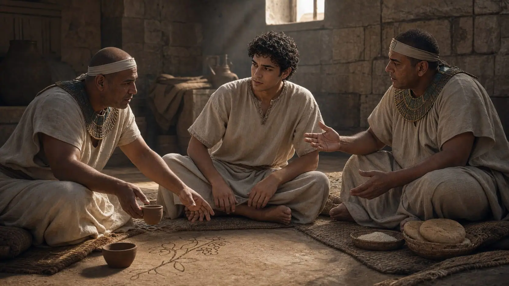 Joseph listens to Pharaoh’s cup bearer and baker as they describe their dreams inside an Egyptian prison