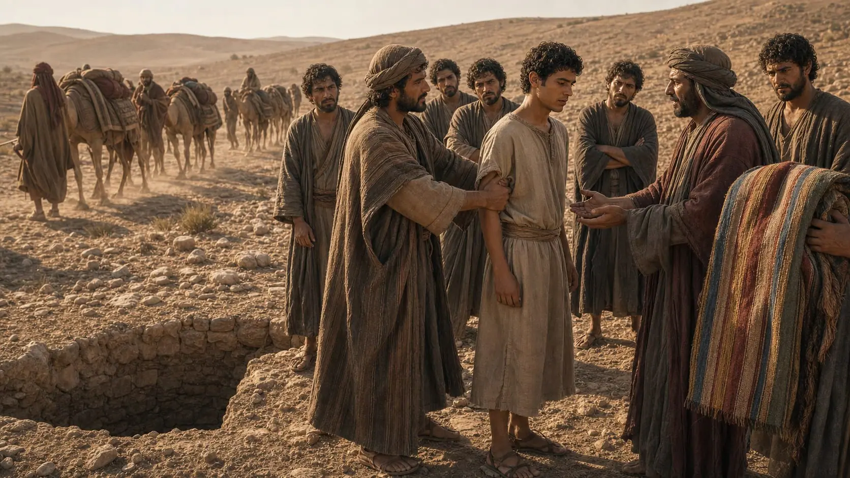 Representational scene of Levi among Joseph’s brothers beside the pit